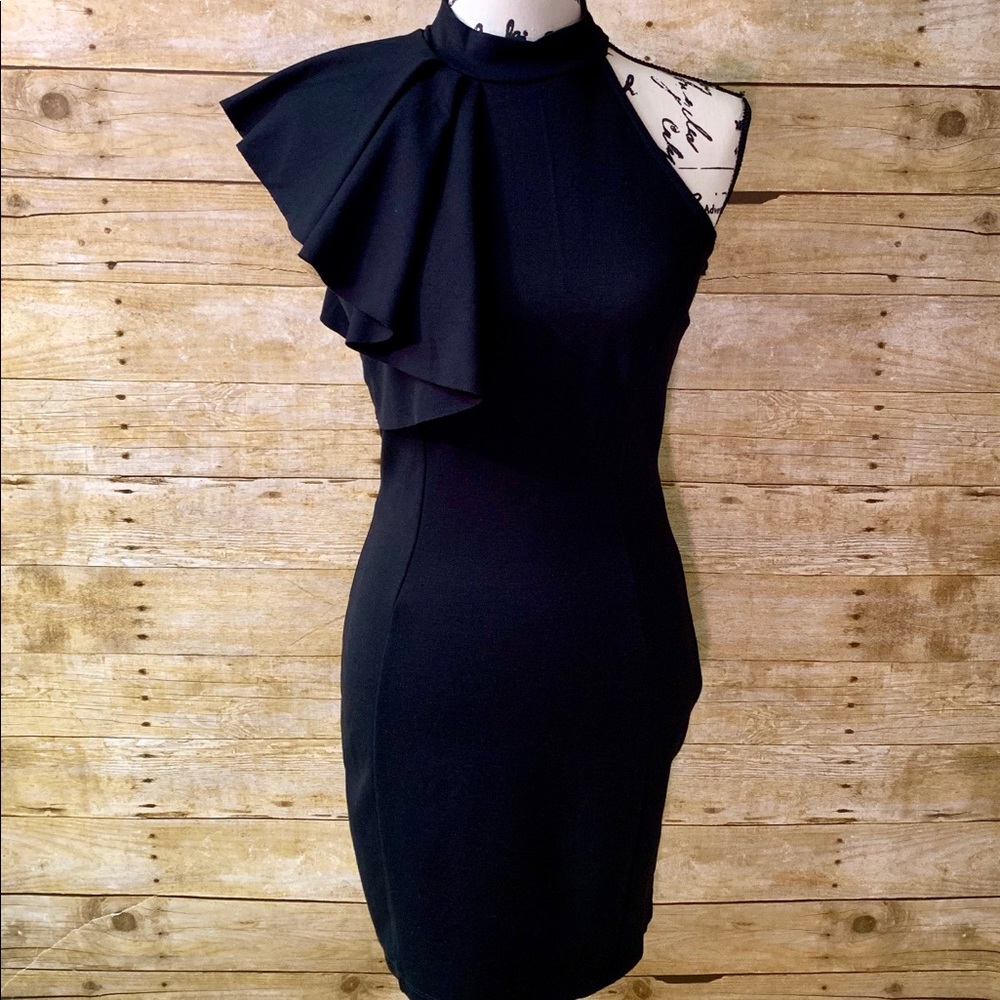 Ruffle Shoulder Black Body-con Dress